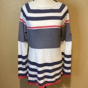 Fairway & Greene Women Lia‎ Golf Sweater Navy, Ivory, Coral Striped, Size Medium